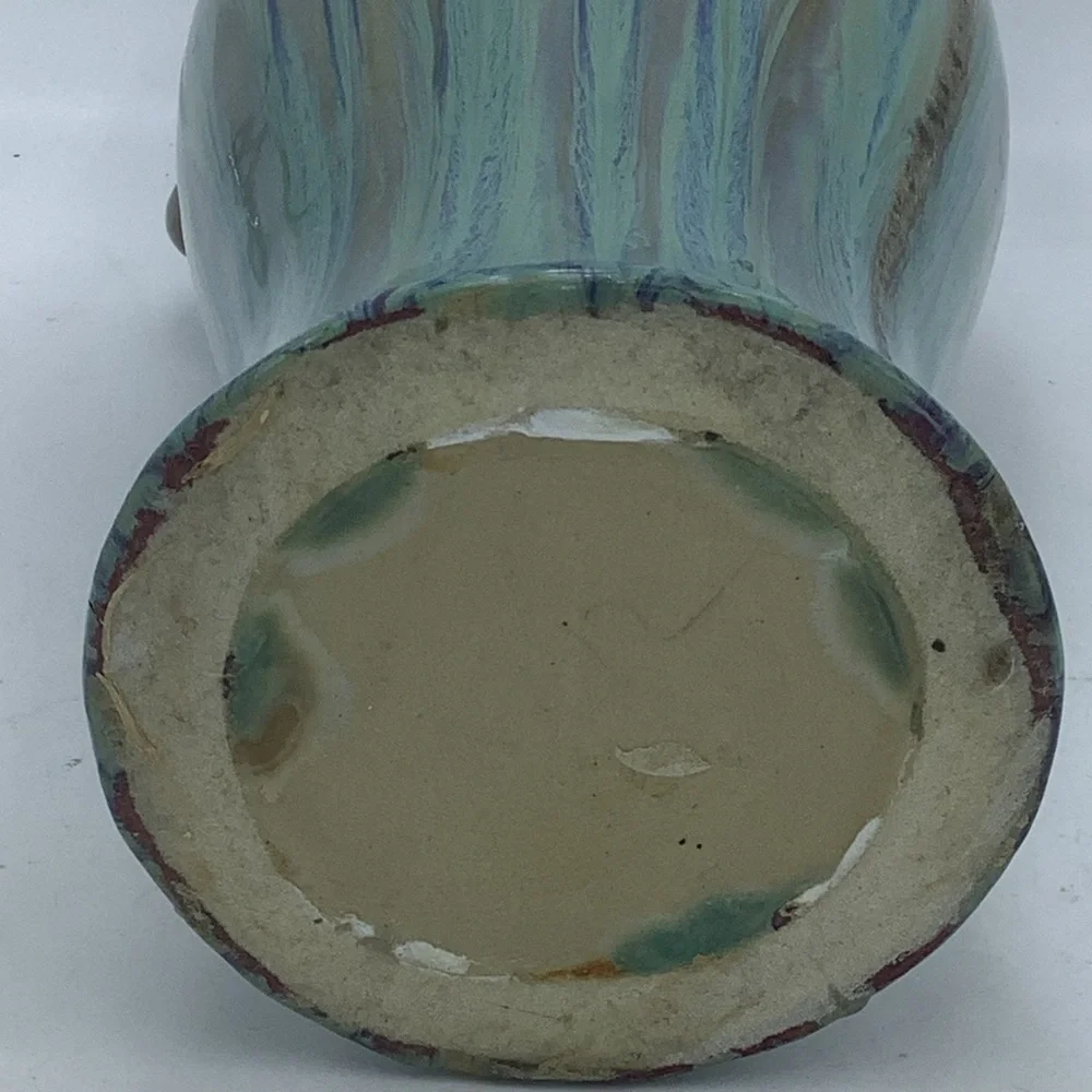 Brown Ceramic Vase with Turquoise Glaze and Round Handles